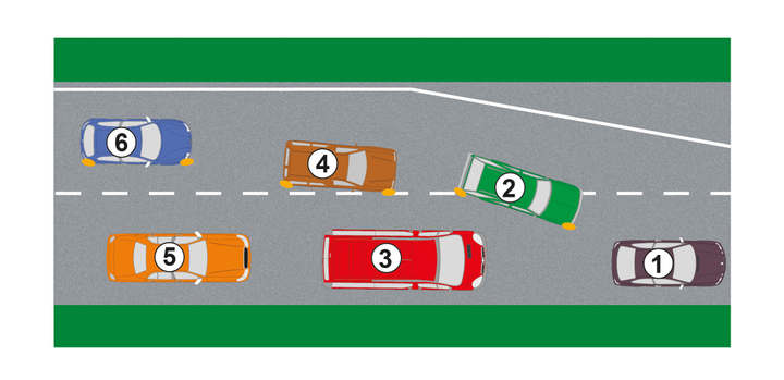 Czy w warunkach  znacznego zmniejszenia prędkości na jezdni kierujący pojazdem nr 2 przejeżdża przed pojazdem nr 3?